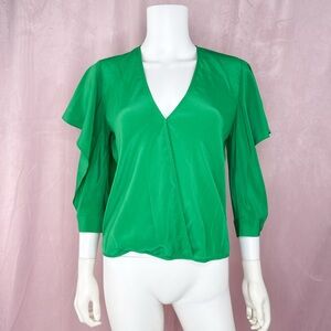 Michelle Mason Womens Green 100% Silk Blouse Top V Neck Ruffle Size 2